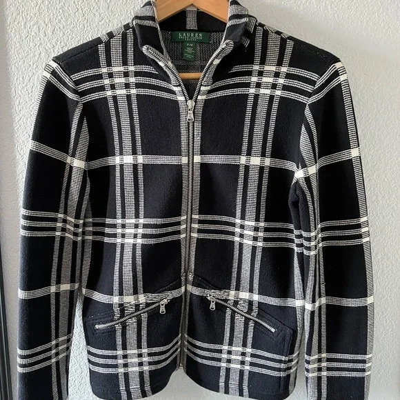 SOLD Ralph Lauren petite size Medium black and white plaid jacket - Picture 2 of 6